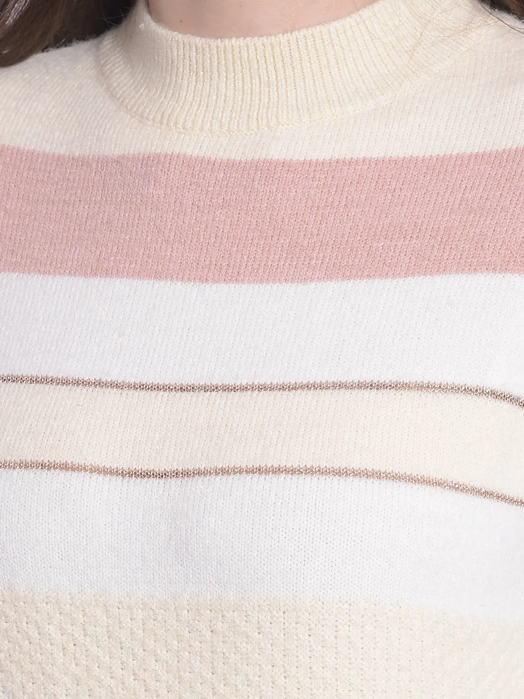 White Striped High Neck Sweaters