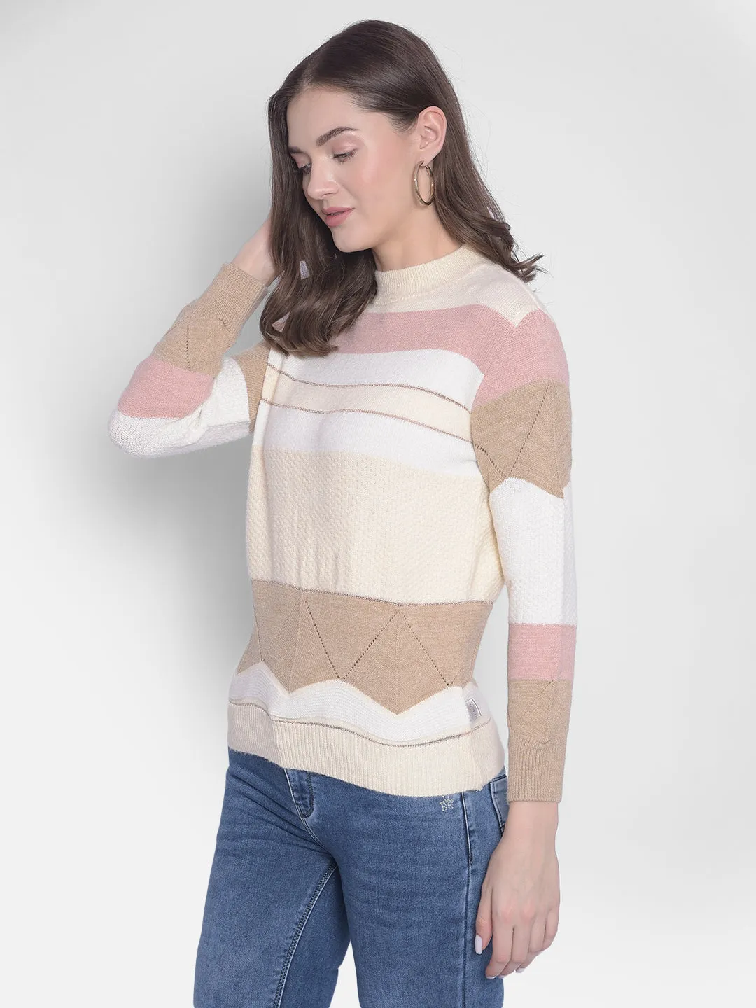 White Striped High Neck Sweaters