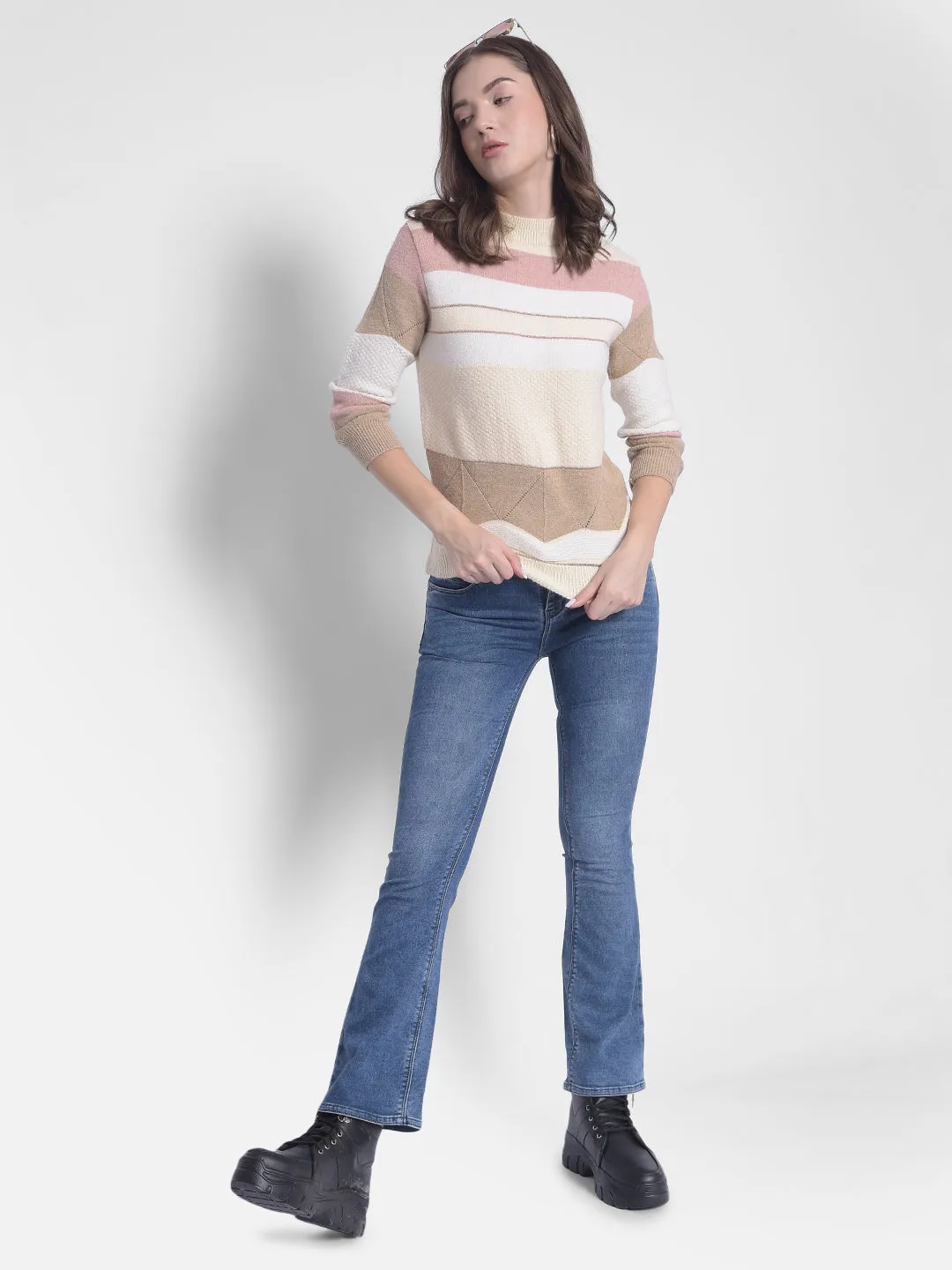 White Striped High Neck Sweaters