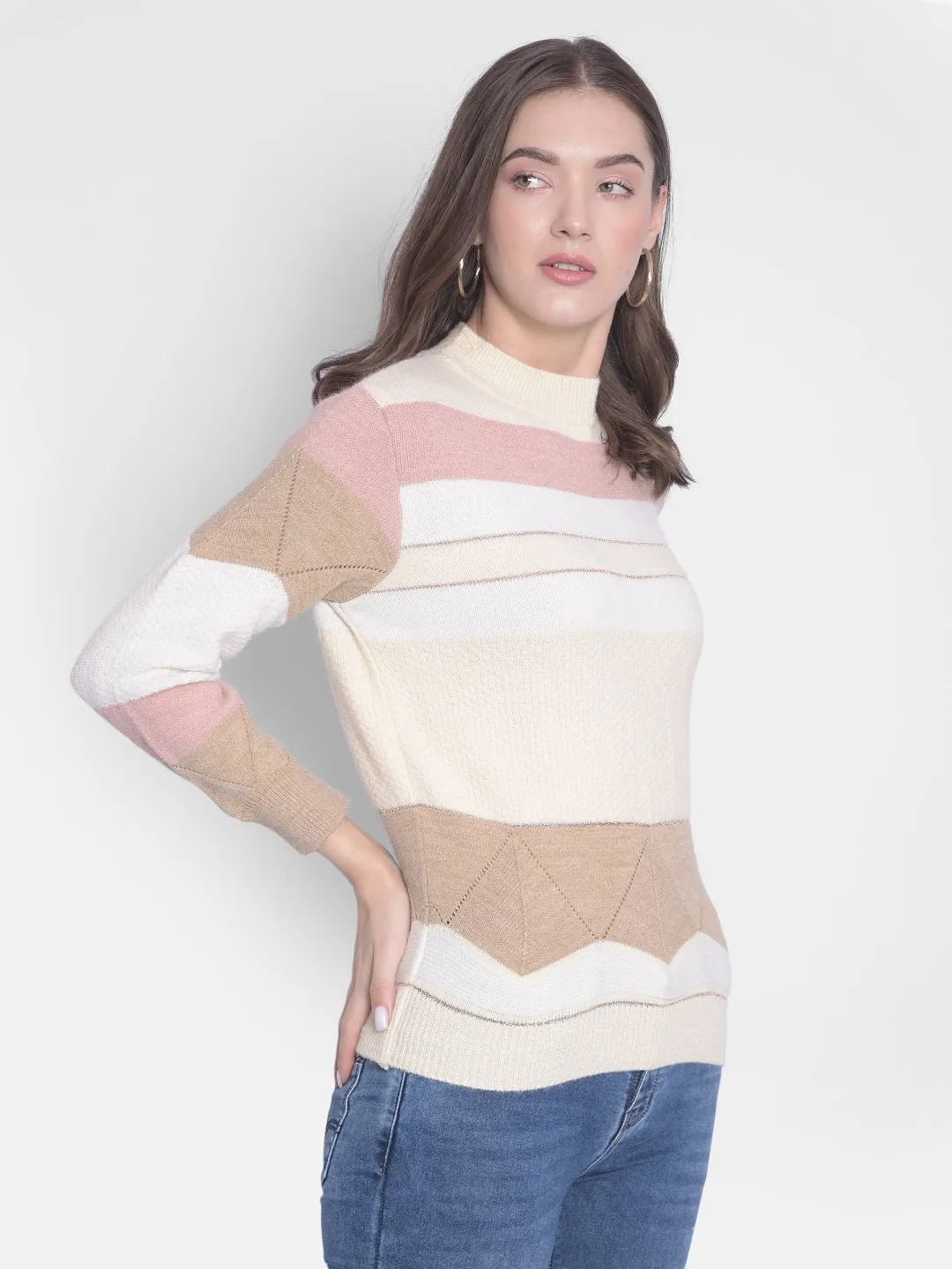 White Striped High Neck Sweaters