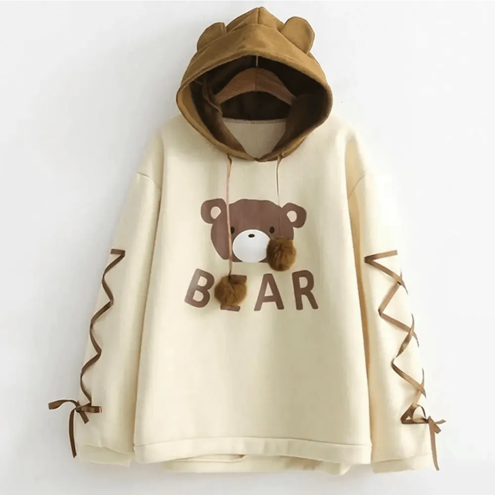 Woman Bear Cap Hoodies Sweatshirt Top Women Long Sleeve Ribbon Hair Ball Cute Sweatshirt Hooded Jumper Pullover Hoodie Hooded Sweatshirt