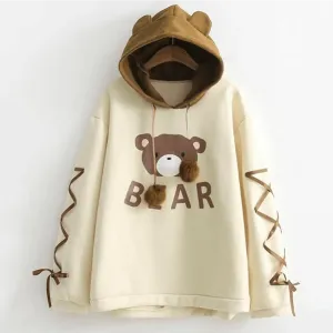 Woman Bear Cap Hoodies Sweatshirt Top Women Long Sleeve Ribbon Hair Ball Cute Sweatshirt Hooded Jumper Pullover Hoodie Hooded Sweatshirt