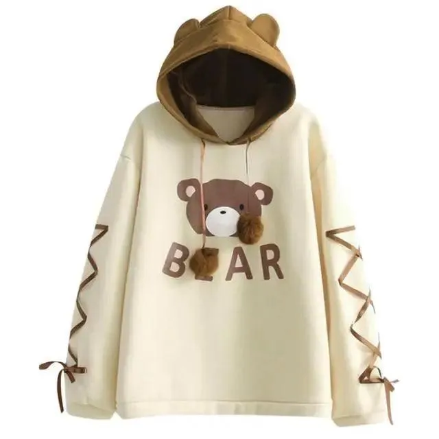 Woman Bear Cap Hoodies Sweatshirt Top Women Long Sleeve Ribbon Hair Ball Cute Sweatshirt Hooded Jumper Pullover Hoodie Hooded Sweatshirt