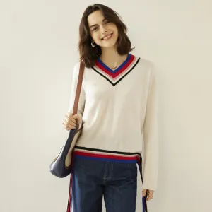 Women Cashmere Sweater V Neck Cashmere Pullover Ribbing Colorful Edge