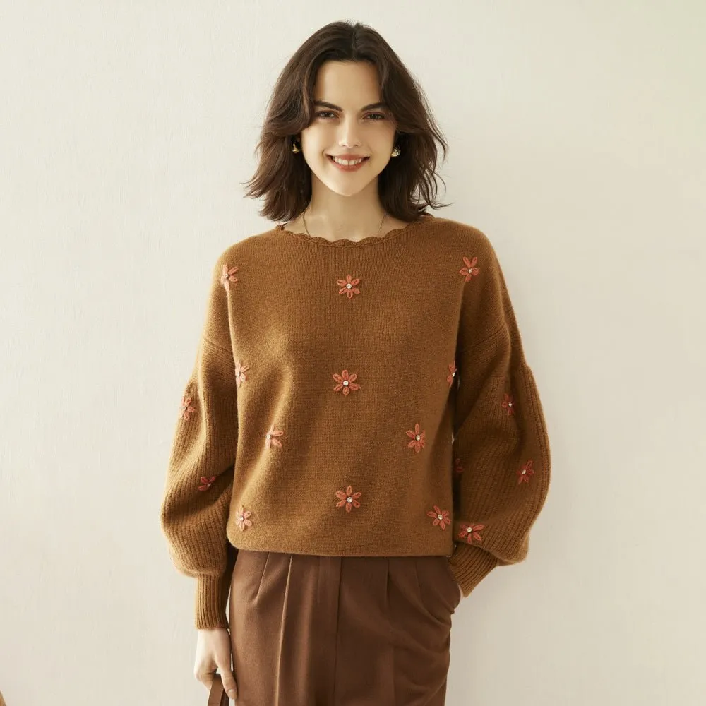 Women Scalloped Neck Cashmere Sweater Floral Embroidery Tops