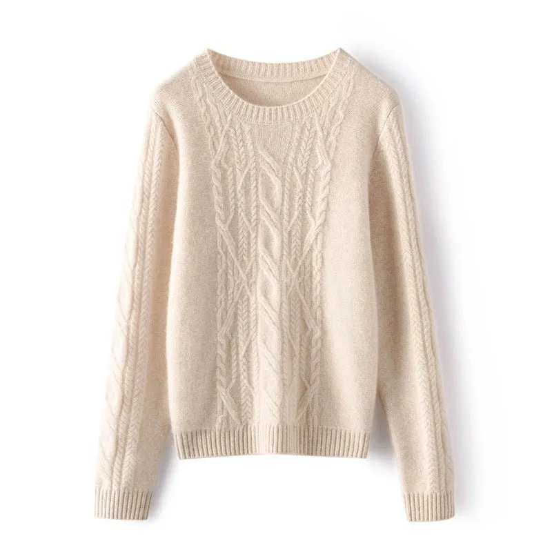 Womens Crew Neck Long Sleeve Cable Knit Cashmere Sweater