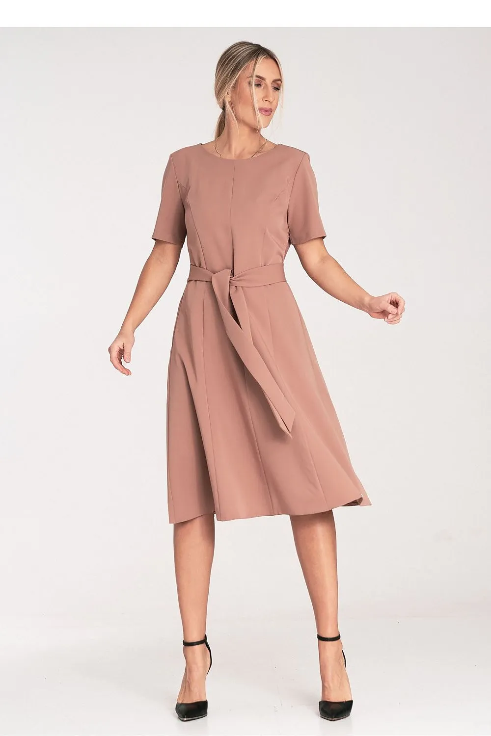 Women’s Day dress – Polyester Viscose Blend Casual Short Sleeve Belted Midi A-Line Dress