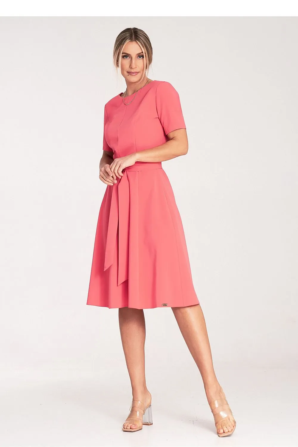 Women’s Day dress – Polyester Viscose Blend Casual Short Sleeve Belted Midi A-Line Dress