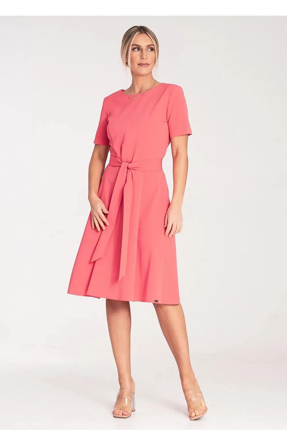 Women’s Day dress – Polyester Viscose Blend Casual Short Sleeve Belted Midi A-Line Dress