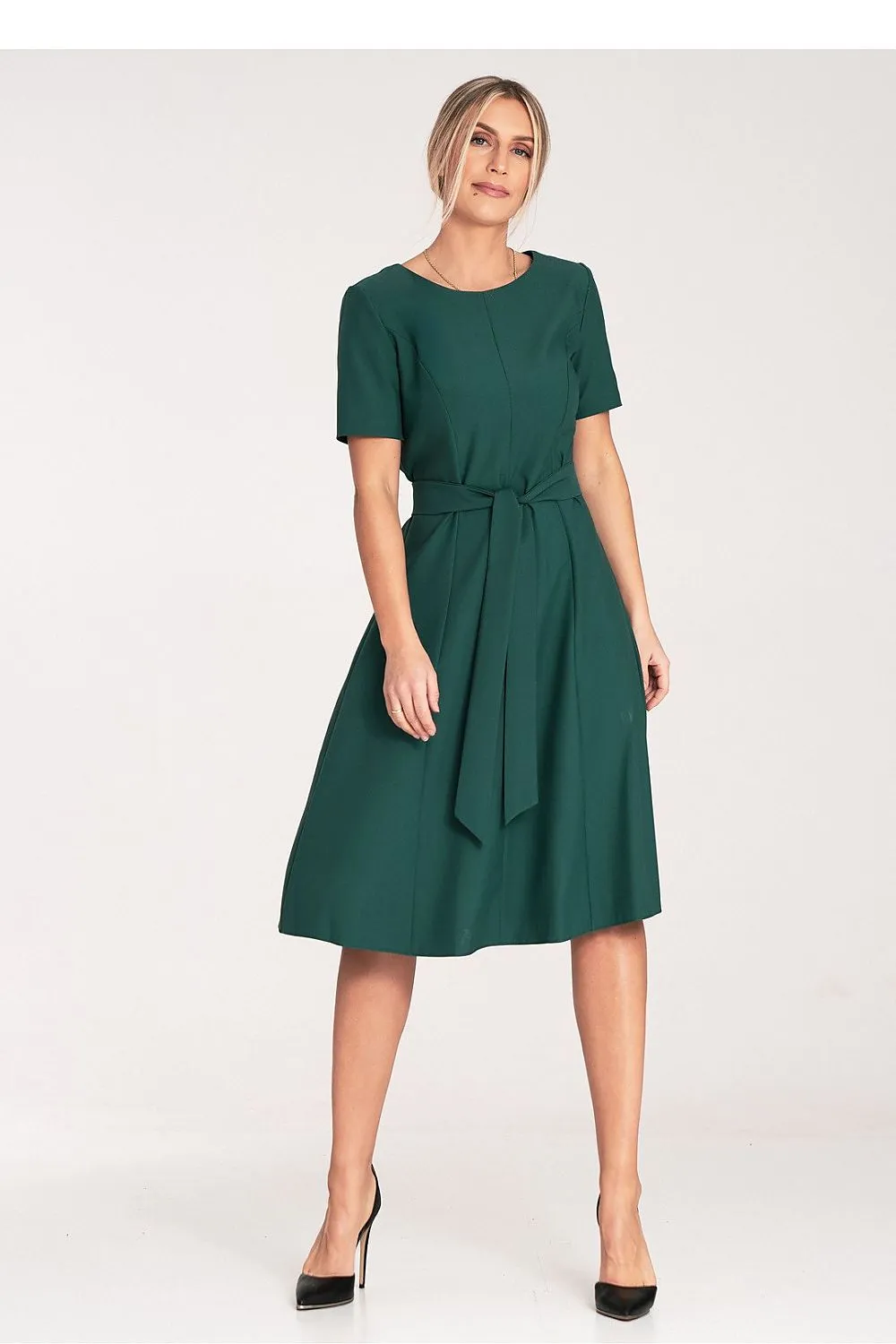 Women’s Day dress – Polyester Viscose Blend Casual Short Sleeve Belted Midi A-Line Dress