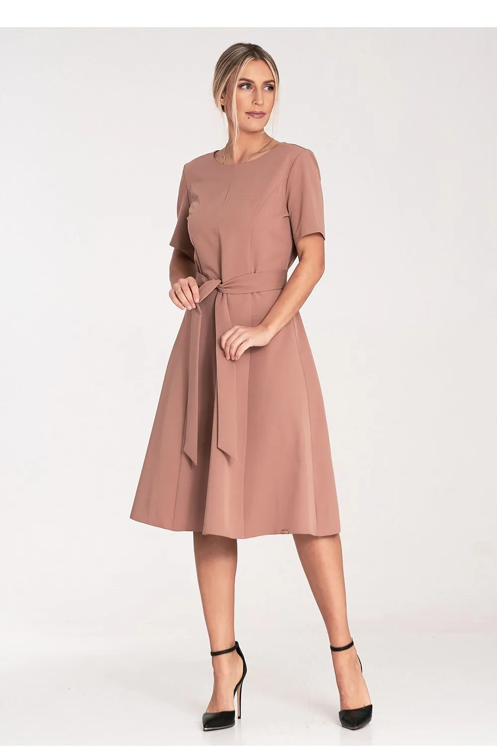 Women’s Day dress – Polyester Viscose Blend Casual Short Sleeve Belted Midi A-Line Dress