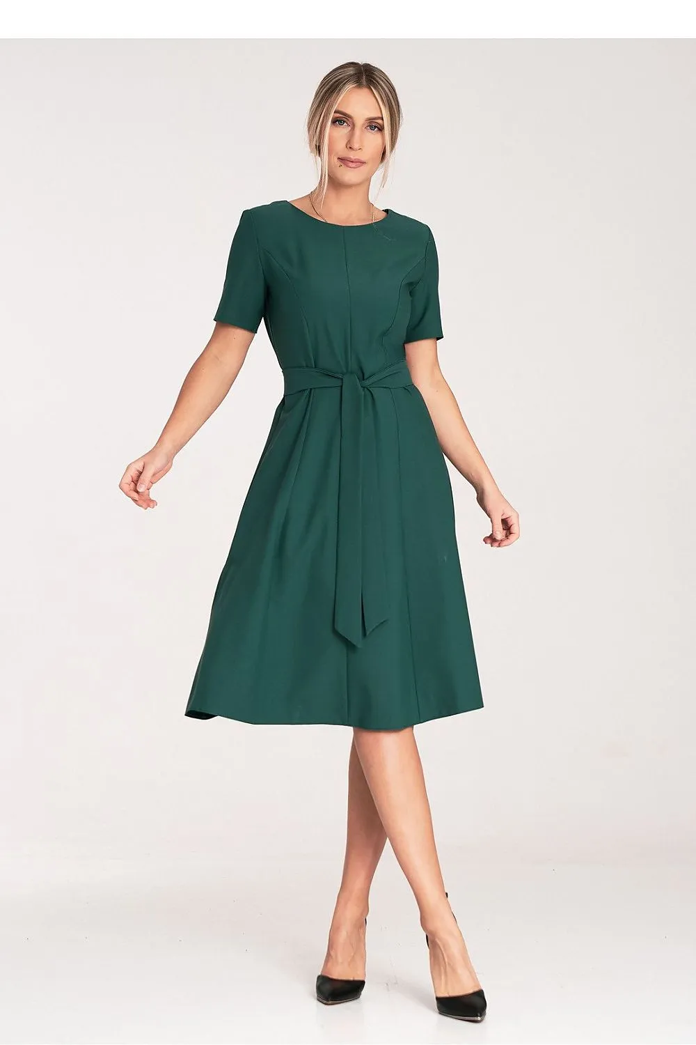 Women’s Day dress – Polyester Viscose Blend Casual Short Sleeve Belted Midi A-Line Dress