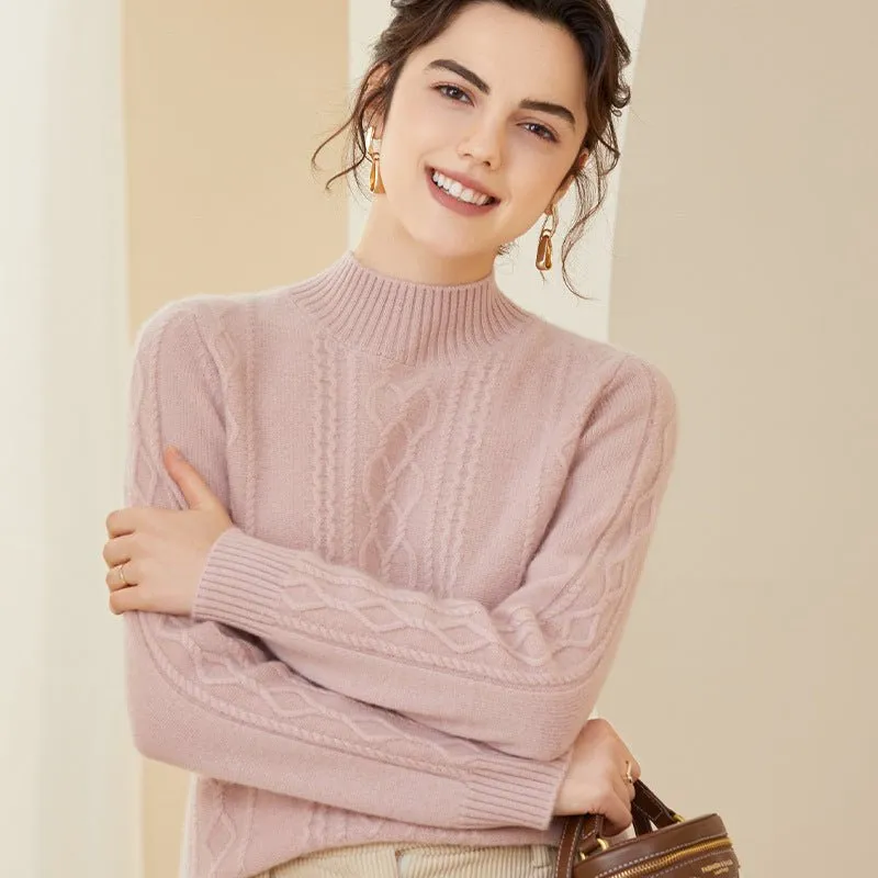 Womens Diamond Cable Knit Mock Neck Long Sleeve Cashmere Sweater