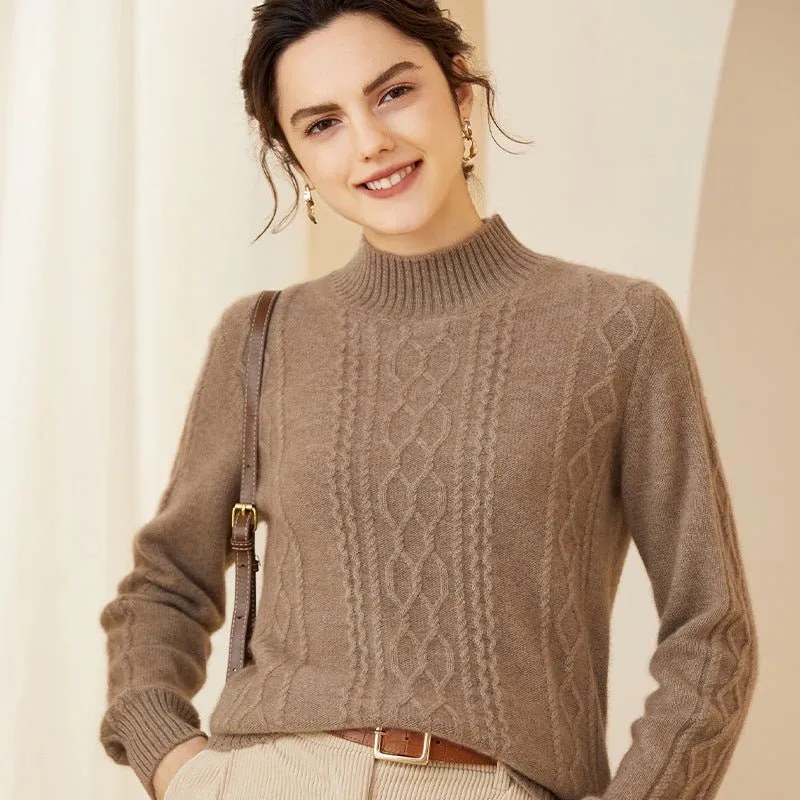Womens Diamond Cable Knit Mock Neck Long Sleeve Cashmere Sweater