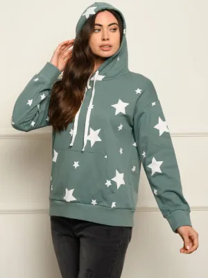 WOMEN'S FRONT POCKET STARS PRINT HOODIE SWEATER