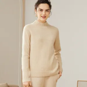 Womens Mock Neck Cashmere Sweater Ribbed Trim Cashmere Pullover