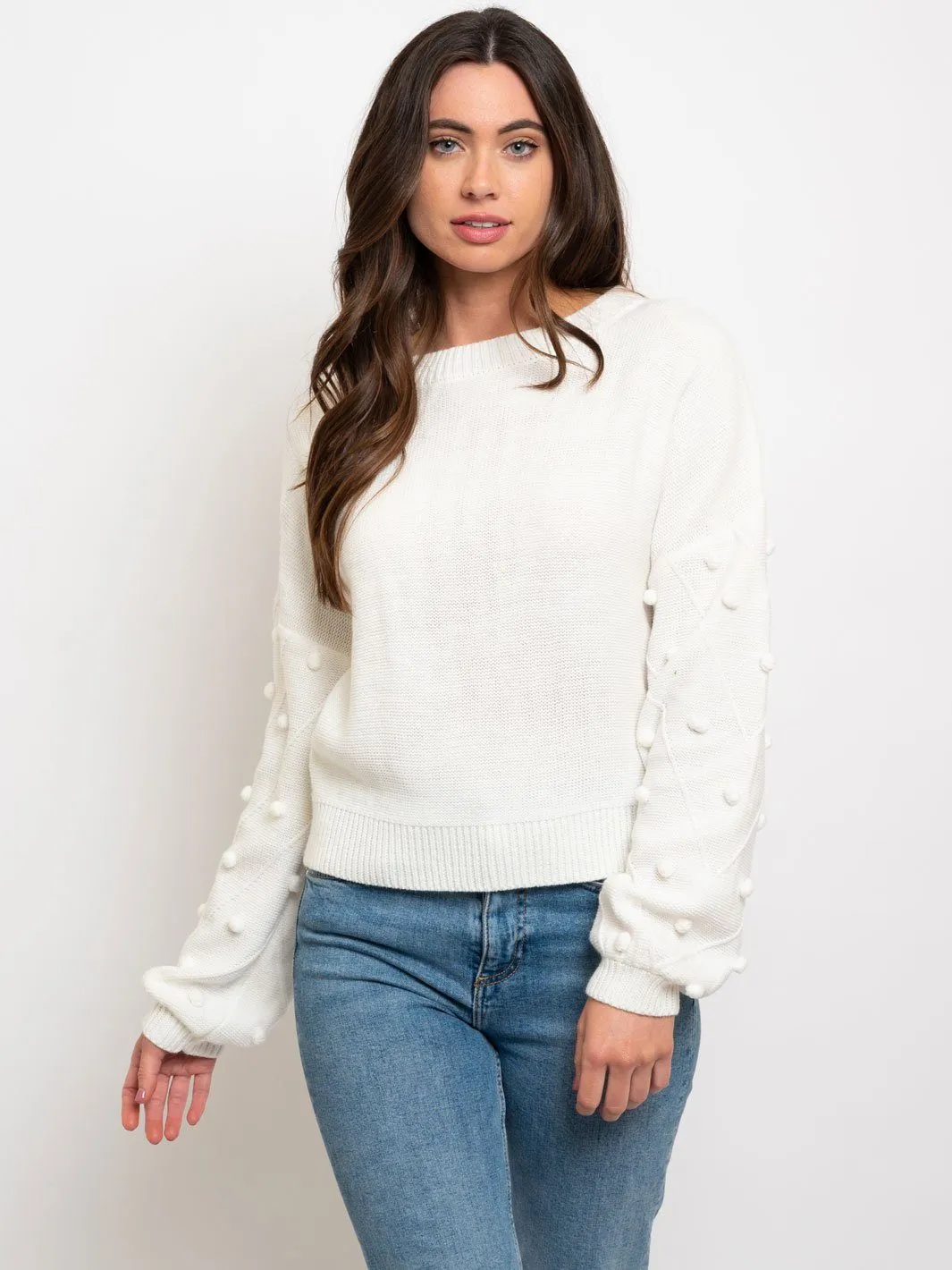 WOMEN'S POM POM SLEEVE SWEATER