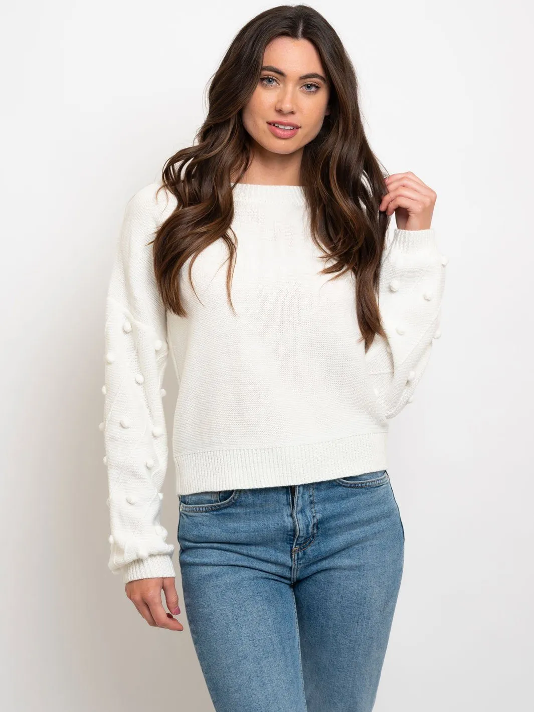 WOMEN'S POM POM SLEEVE SWEATER