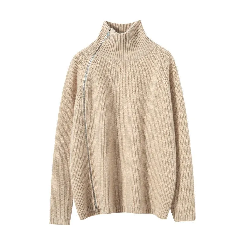 Womens Sideling Zip-up Cashmere Sweater Turtleneck Cashmere Pullover