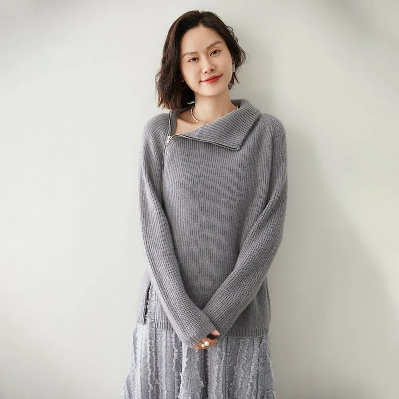 Womens Sideling Zip-up Cashmere Sweater Turtleneck Cashmere Pullover