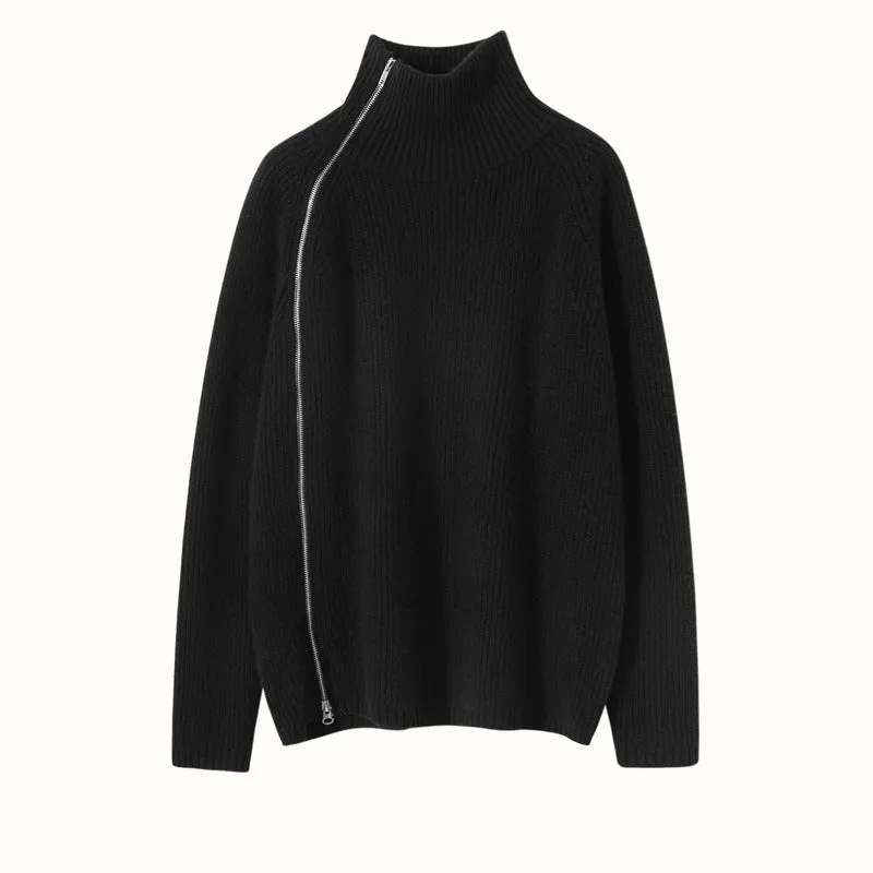 Womens Sideling Zip-up Cashmere Sweater Turtleneck Cashmere Pullover