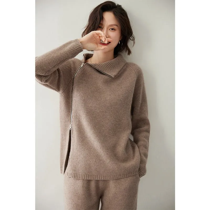 Womens Sideling Zip-up Cashmere Sweater Turtleneck Cashmere Pullover