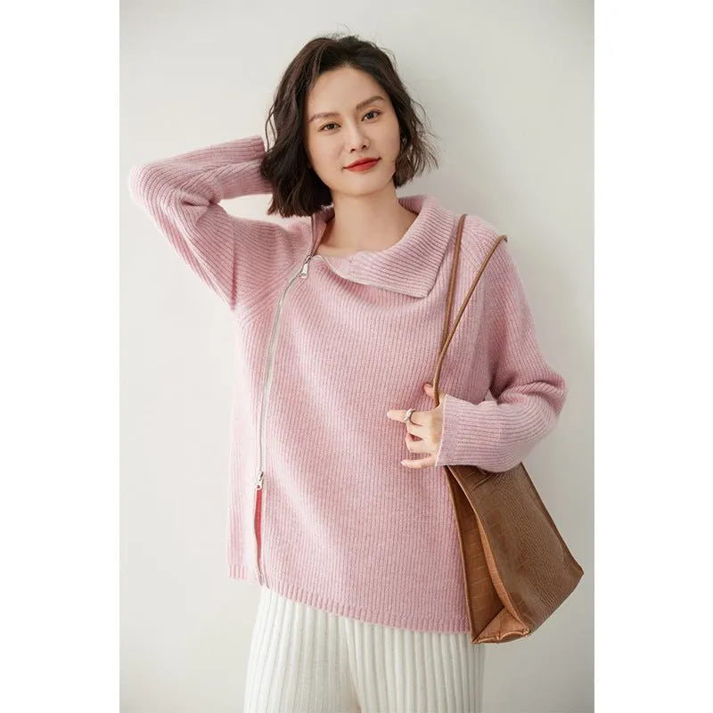 Womens Sideling Zip-up Cashmere Sweater Turtleneck Cashmere Pullover