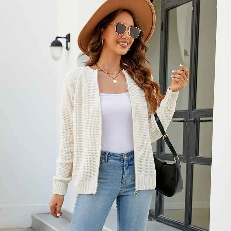 Women's Solid Zip Up Long Sleeve Classic Crew Neck Knit Cardigan Sweater K626