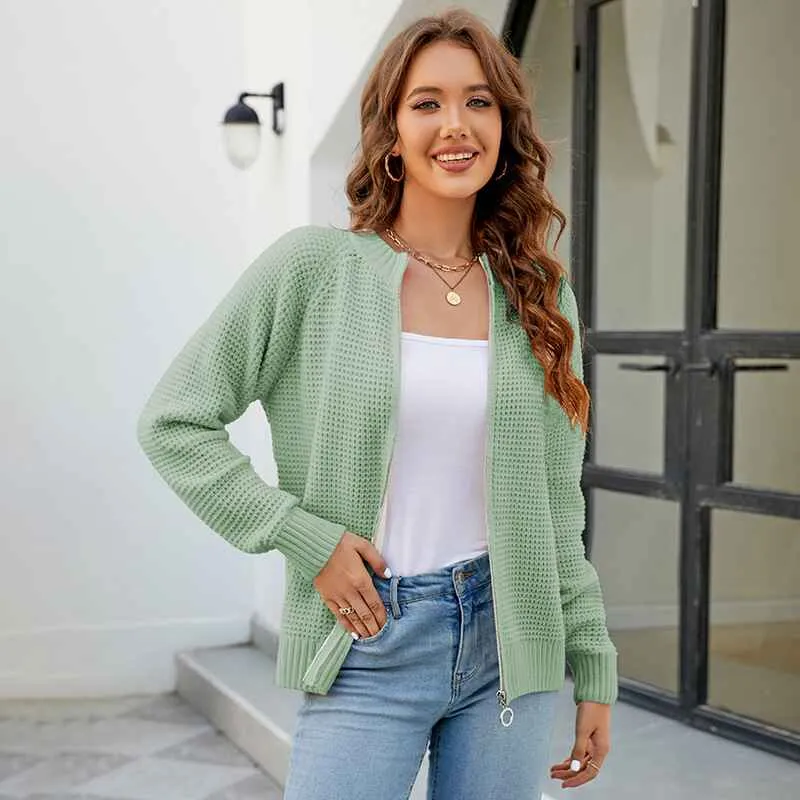 Women's Solid Zip Up Long Sleeve Classic Crew Neck Knit Cardigan Sweater K626