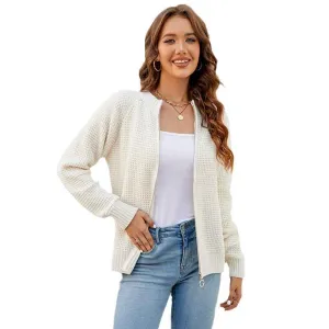 Women's Solid Zip Up Long Sleeve Classic Crew Neck Knit Cardigan Sweater K626