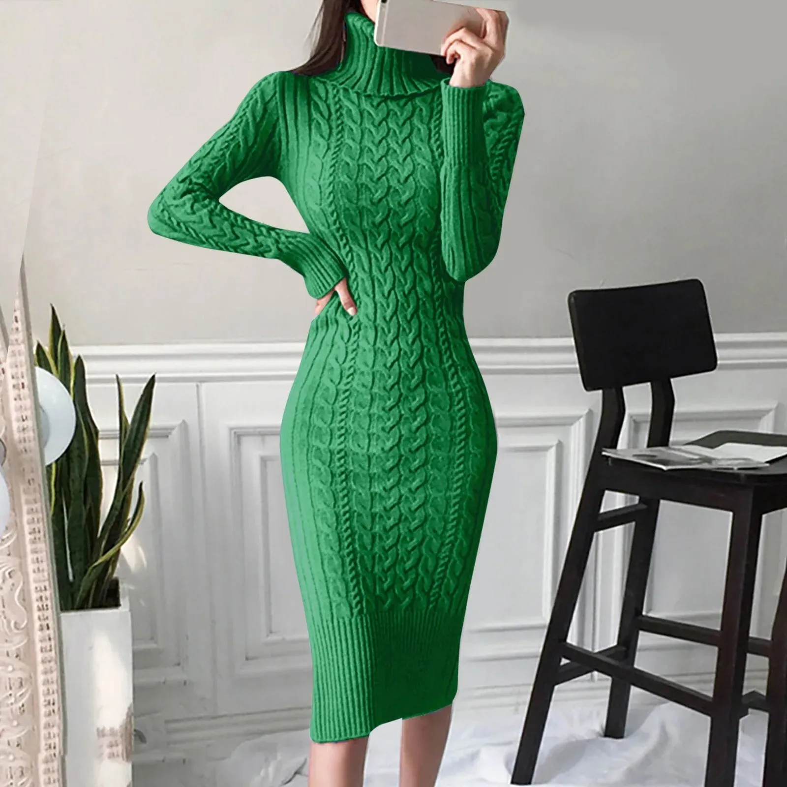 Women's Turtleneck Sweater Dress, Long Sleeve Knitted Midi Dress, Autumn Winter Fashion