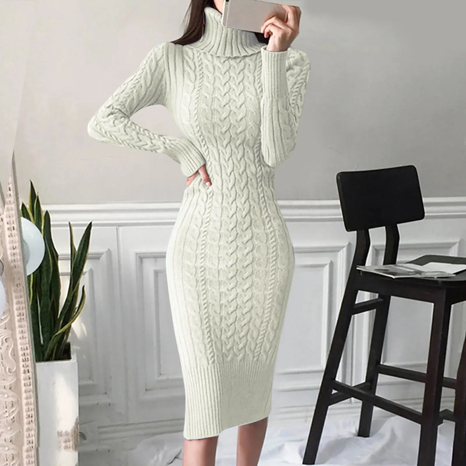 Women's Turtleneck Sweater Dress, Long Sleeve Knitted Midi Dress, Autumn Winter Fashion