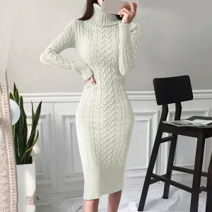 Women's Turtleneck Sweater Dress, Long Sleeve Knitted Midi Dress, Autumn Winter Fashion