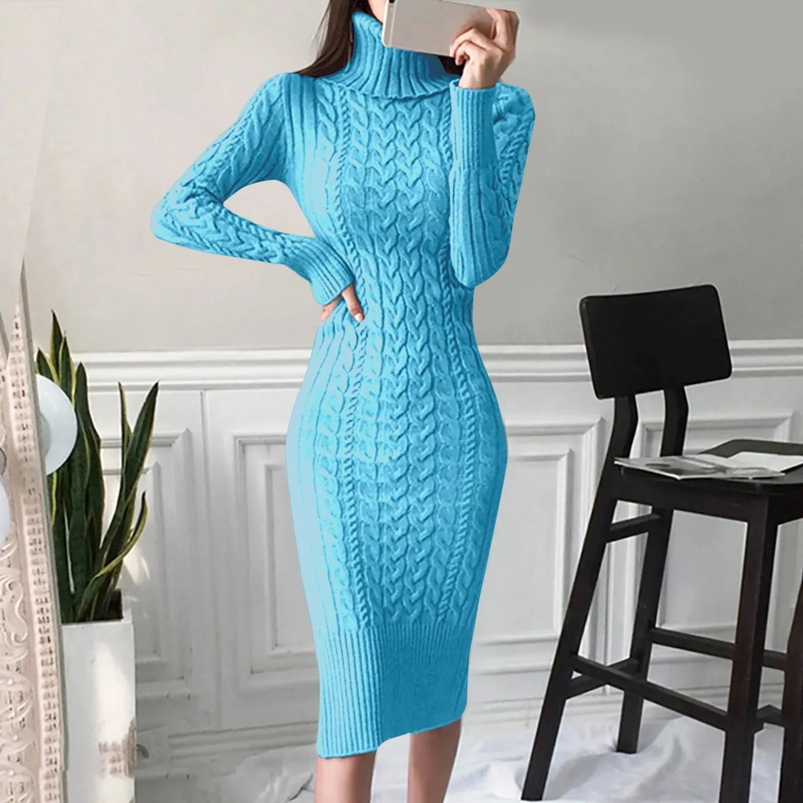 Women's Turtleneck Sweater Dress, Long Sleeve Knitted Midi Dress, Autumn Winter Fashion