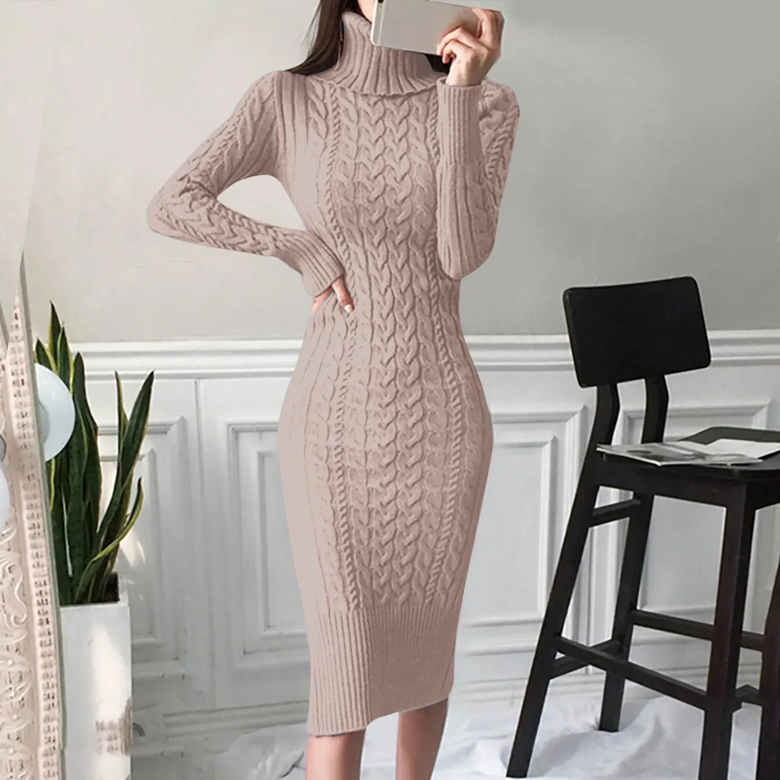 Women's Turtleneck Sweater Dress, Long Sleeve Knitted Midi Dress, Autumn Winter Fashion