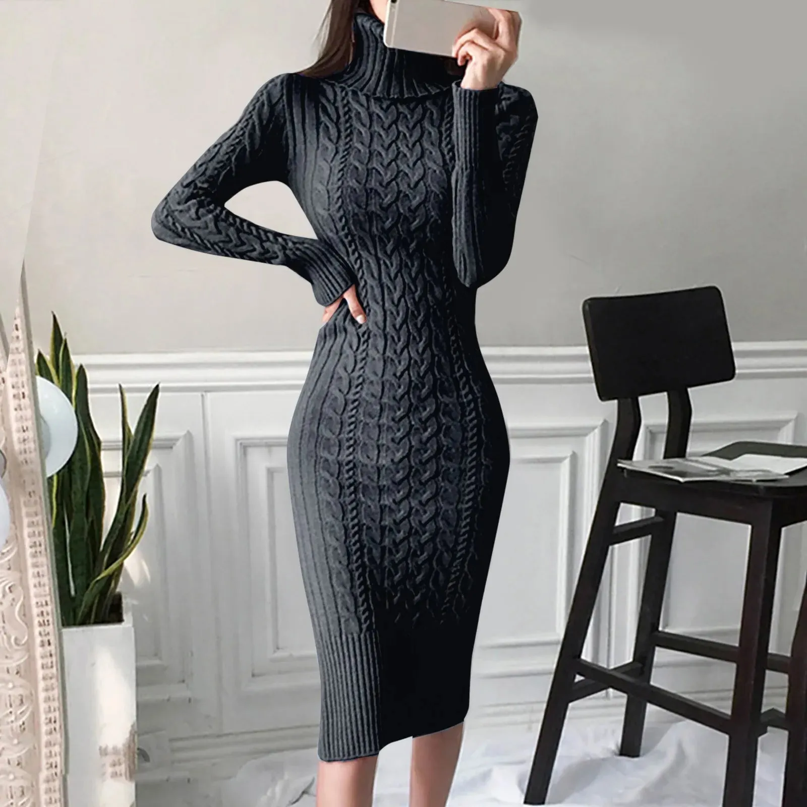 Women's Turtleneck Sweater Dress, Long Sleeve Knitted Midi Dress, Autumn Winter Fashion