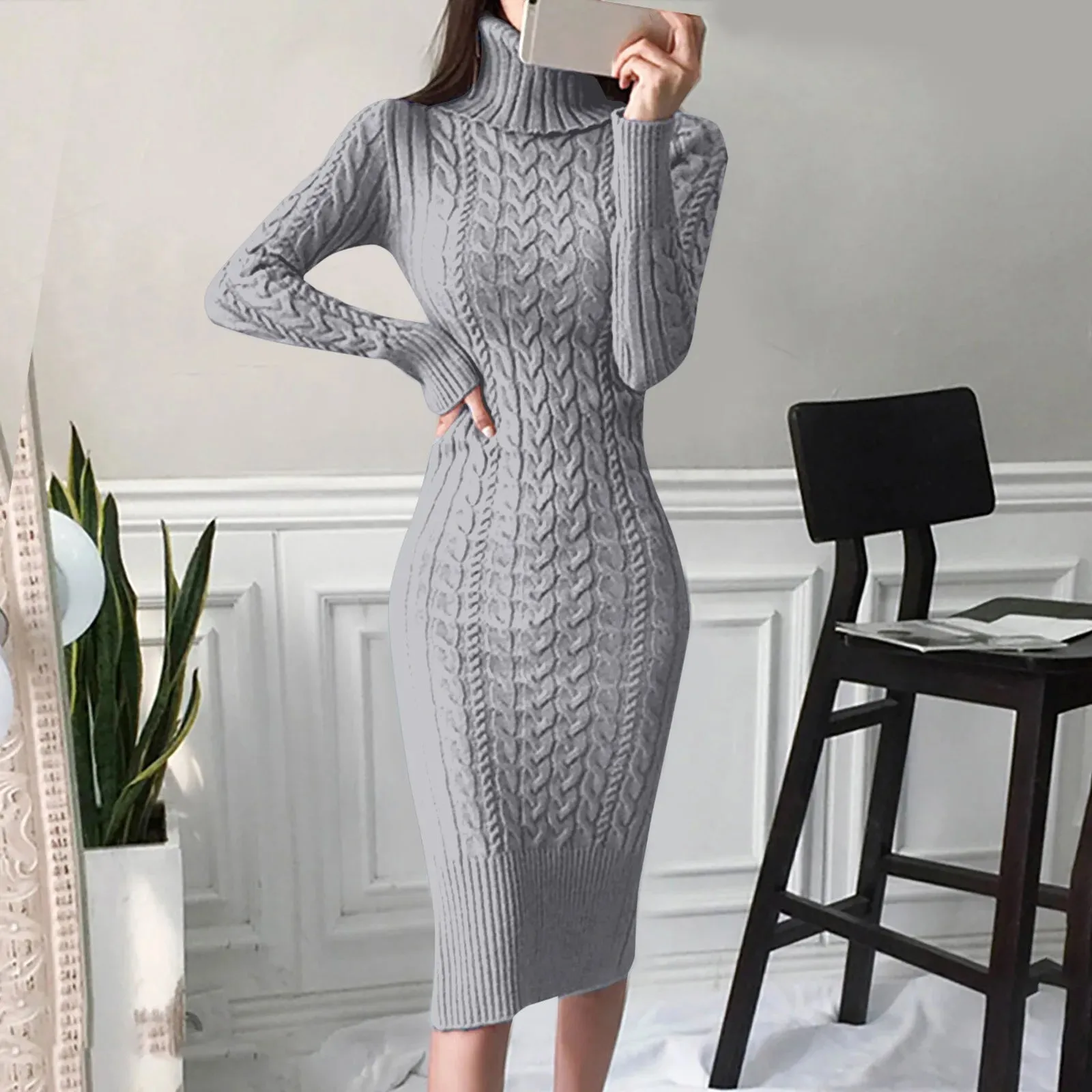 Women's Turtleneck Sweater Dress, Long Sleeve Knitted Midi Dress, Autumn Winter Fashion