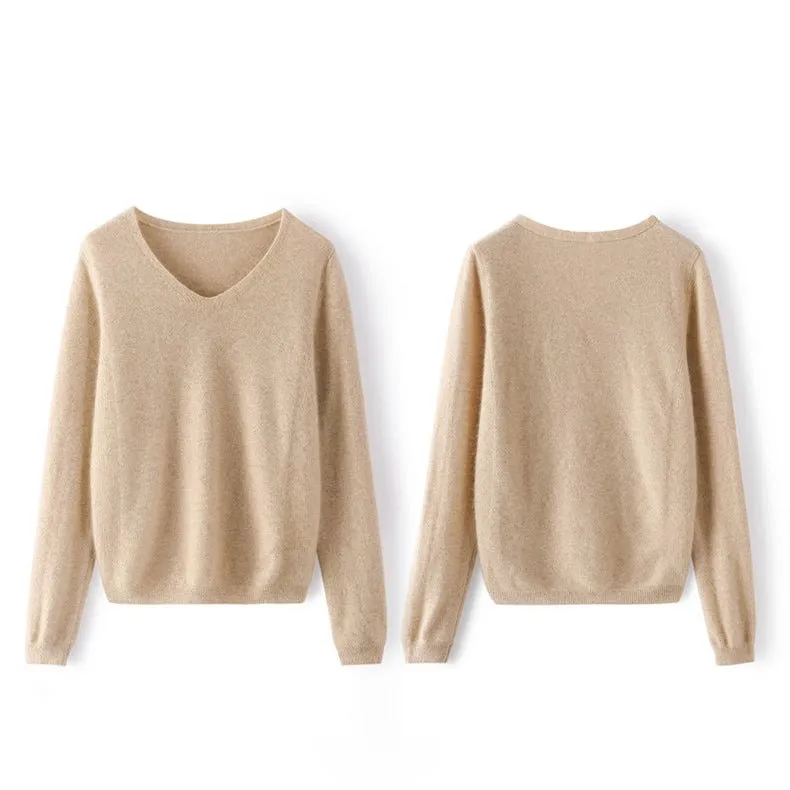Womens V-Neck Cashmere Sweater Long Sleeve Warm Cashmere Sweater