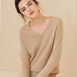 Womens V-Neck Cashmere Sweater Long Sleeve Warm Cashmere Sweater