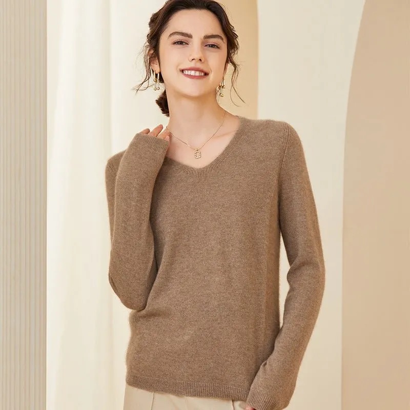 Womens V-Neck Cashmere Sweater Long Sleeve Warm Cashmere Sweater