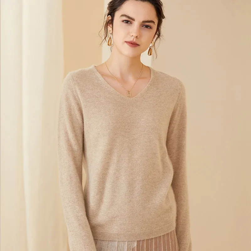Womens V-Neck Cashmere Sweater Long Sleeve Warm Cashmere Sweater