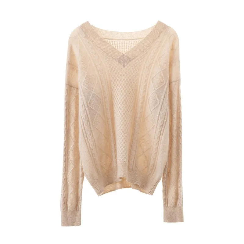 Womens V Necked Cashmere Pullover Cable-Knitted Cashmere Sweater