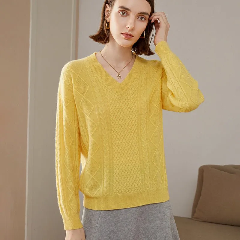 Womens V Necked Cashmere Pullover Cable-Knitted Cashmere Sweater