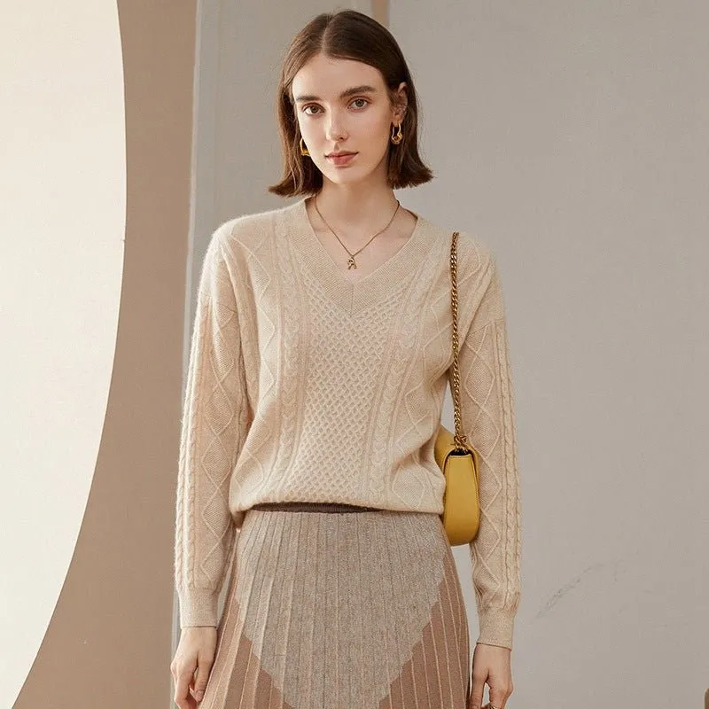 Womens V Necked Cashmere Pullover Cable-Knitted Cashmere Sweater