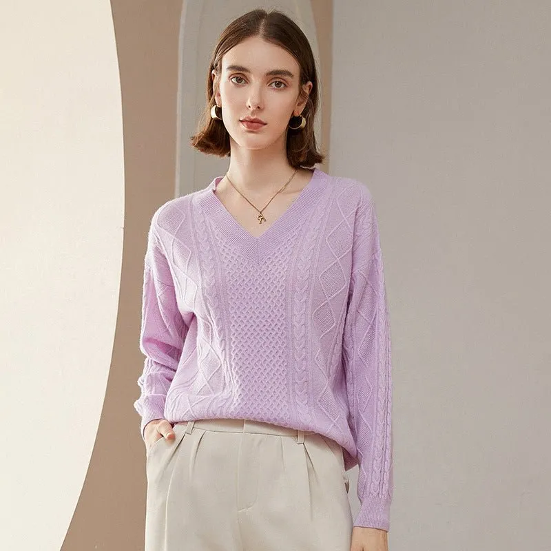 Womens V Necked Cashmere Pullover Cable-Knitted Cashmere Sweater