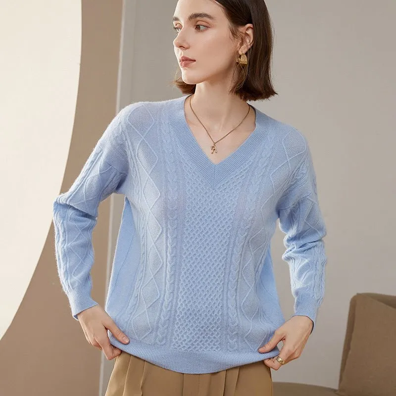 Womens V Necked Cashmere Pullover Cable-Knitted Cashmere Sweater