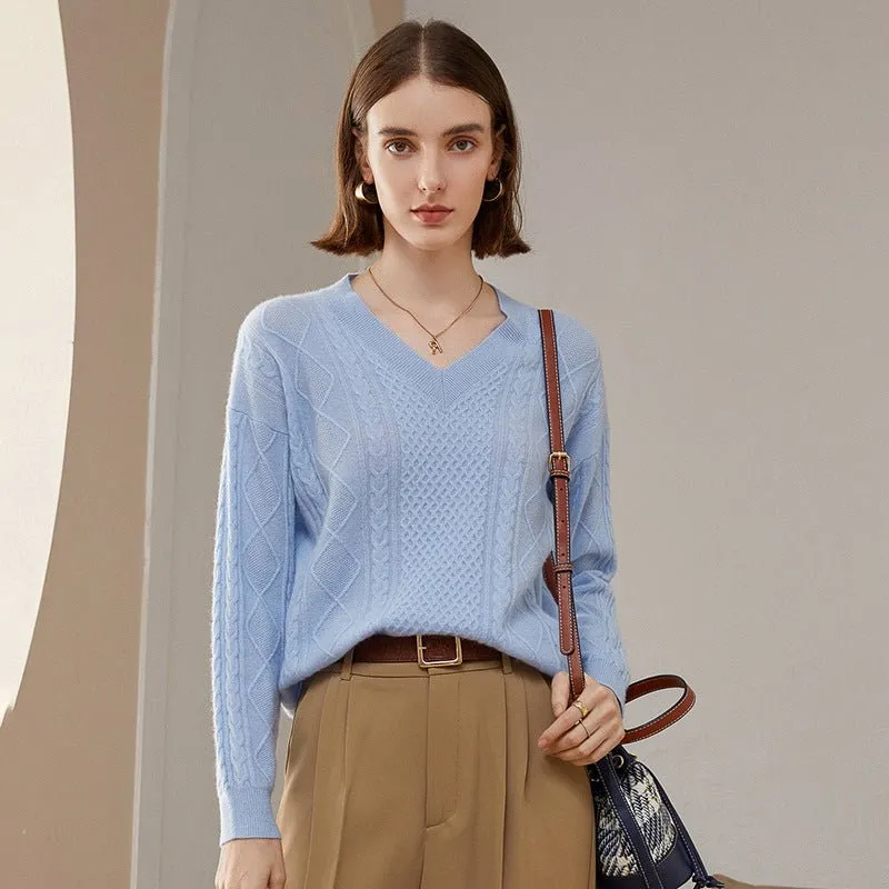Womens V Necked Cashmere Pullover Cable-Knitted Cashmere Sweater