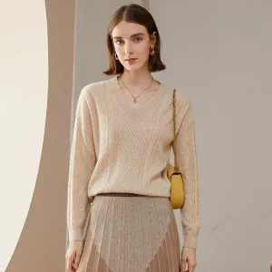 Womens V Necked Cashmere Pullover Cable-Knitted Cashmere Sweater