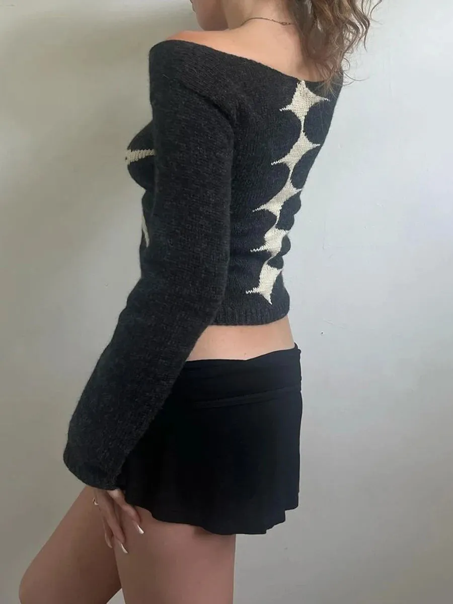 Y2K Floral Off Shoulder Knitted Sweater