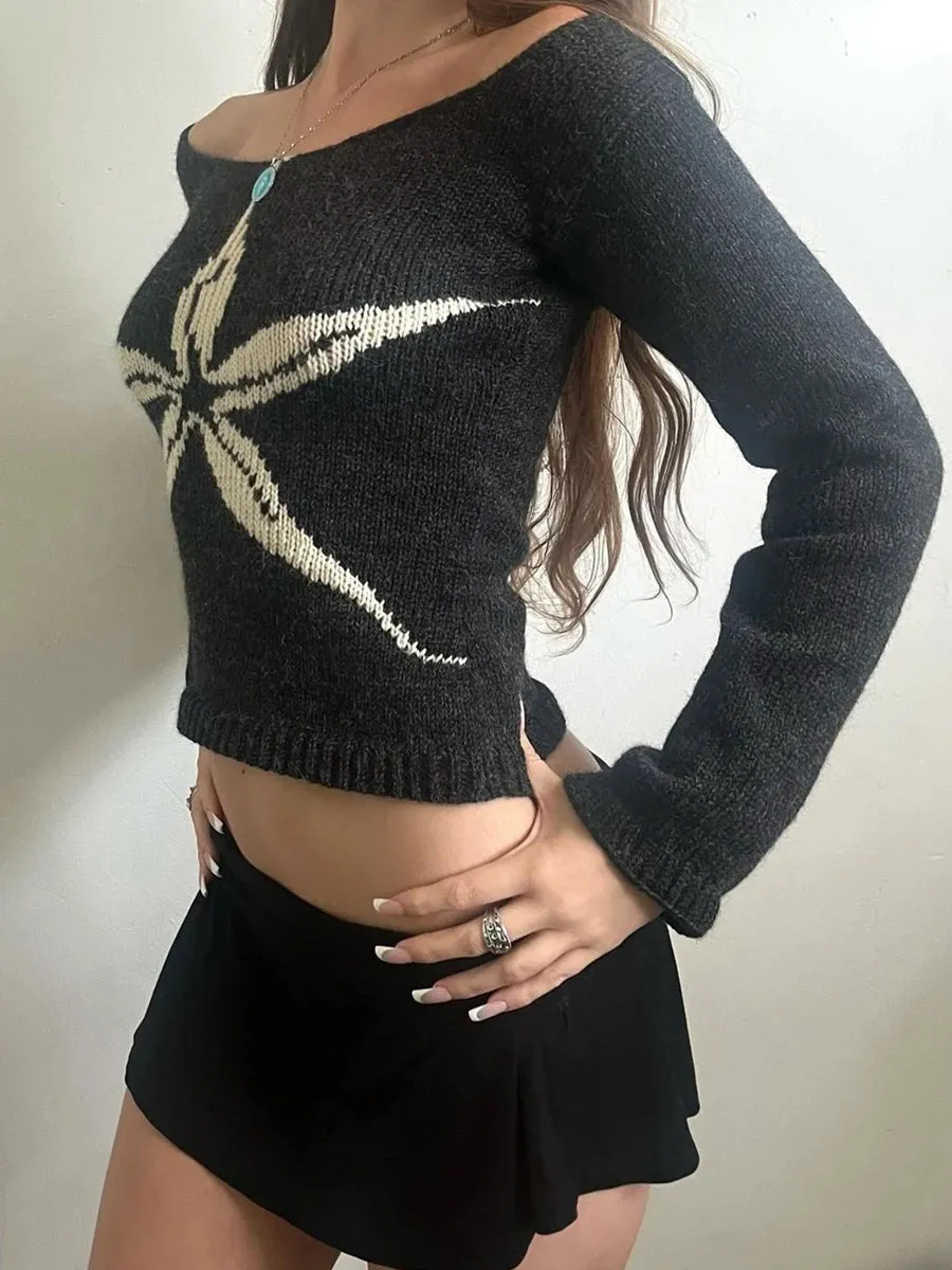 Y2K Floral Off Shoulder Knitted Sweater